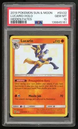 PSA 10 GEM MINT Lucario Shiny Holo S&M Hidden Fates SV22/SV94 Pokemon Card TCG - Image 1