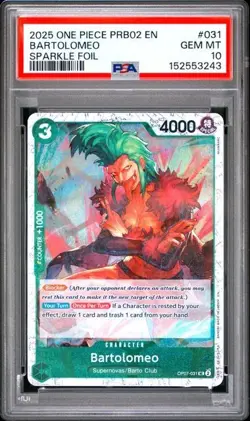 2025 One Piece PRB02 EN Bartolomeo PSA 10 GEM SPARKLE FOIL #031 Uncommon - Image 1