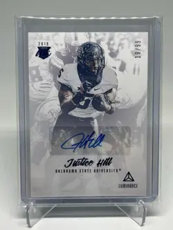 2019 Luminance Football Blue Foil Justice Hill RC /99 Baltimore Ravens - Image 1