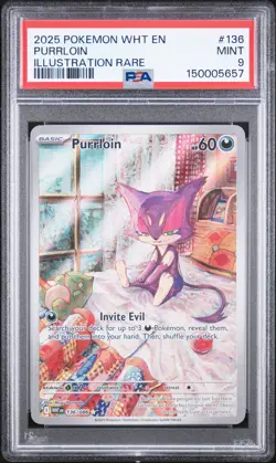 2025 POKEMON WHT EN-WHITE FLARE ILLUSTRATION RARE #136 PURRLOIN PSA 9 - Image 1