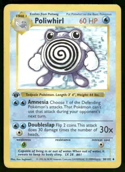 Pokemon Cards Poliwhirl 38/102 1st Edition Base Set Shadowless Uncommon MP *2 - Image 1
