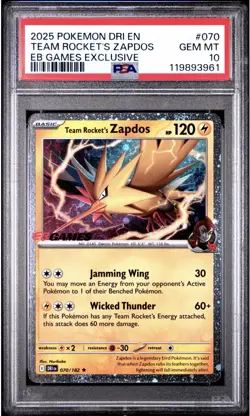 2025 POKEMON DESTINED RIVALS #070 TEAM ROCKET'S ZAPDOS EB GAMES EXCLUSIVE PSA 10 - Image 1