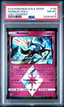 2018 POKEMON SUN & MOON LOST THUNDER #144 XERNEAS-HOLO PSA 8 - Image 1
