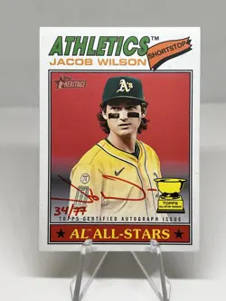 2026 Topps Heritage Jacob Wilson REAL ONE Red Ink Auto /77 Athletics Card - Image 1