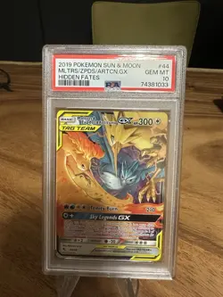 2019 Pokemon Hidden Fates Moltres/Zapdos/Articuno GX 44/68 Tag Team PSA 10 - Image 1