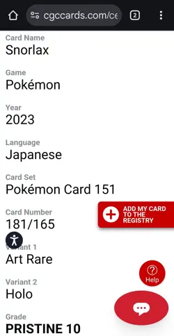 👑⭐ Snorlax Art Rare Holo Certified Pristine 10 Pokemon 151 Card 181/165 #181 ⭐ - Image 3