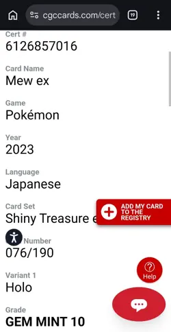 💖🥰 Mew Ex Shiny Treasure Certified Gem Mint 10 Holo 076/190 Pokemon Original ✨ - Image 2
