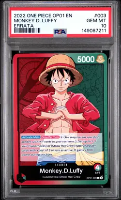 2022 ONE PIECE OP01-ROMANCE DAWN ERRATA #003 MONKEY D. LUFFY PSA 10 - Image 1