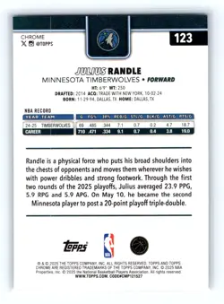 2025-26 Topps Chrome #123 Julius Randle Blue X-Fractor - Image 2