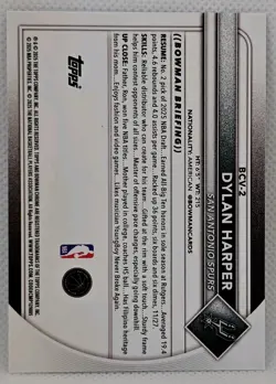 DYLAN HARPER 2025-26 BOWMAN CHROME SAPPHIRE ROOKIE #BCV-2 SPURS RC - Image 2