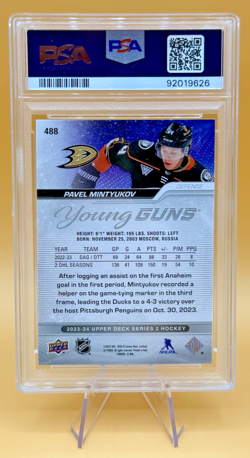 2023-24 Upper Deck Series 2 Hockey #488 Pavel Mintyukov Young Guns Rookie PSA 10 - Image 2