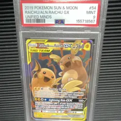 Pokemon TCG Raichu & Alolan Raichu GX 54/236 Unified Minds EN PSA 9 Holo - Image 1
