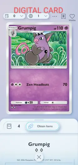 Grumpig Pokemon Pocket Mobile Game Card Celestial Guardians Set ◇◇ Rare Trade - Image 1