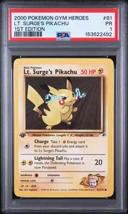 2000 POKEMON GYM HEROES 1ST EDITION #81 LT. SURGE'S PIKACHU PSA 1 - Image 1