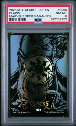 2025 MTG SECRET LAIR DROP MARVEL'S SPIDER-MAN: MANA SYMBIOTE-FOIL PLAINS PSA 8 - Image 1