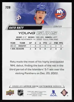 2022-23 Upper Deck Young Guns Aatu Raty Rookie New York Islanders #728 - Image 2