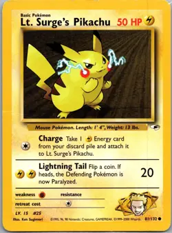 Pokemon TCG Lt. Surge's Pikachu Gym Heroes 81/132 Unlimited Common DMG HP - Image 1