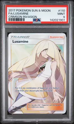 2017 POKEMON SUN & MOON CRIMSON INVASION #110 FULL ART/LUSAMINE PSA 9 - Image 1
