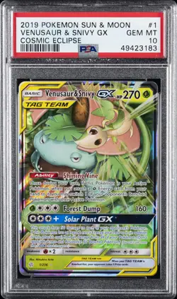 2019 POKEMON SUN & MOON COSMIC ECLIPSE #1 VENUSAUR & SNIVY GX PSA 10 - Image 1