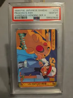 1999 POKEMON JPN BANDAI CARDDASS VENDING SER 6 #215 PIKACHU & ASH PSA 10 - Image 1