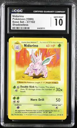 CGC 10 GEM MINT Nidorino 37/102 Base Set Shadowless Pokemon Card - Image 1