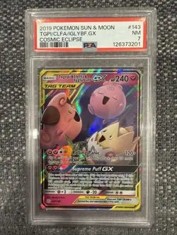 2019 Pokemon S&M Cosmic Eclipse Togepi Cleffa Igglybuff GX 143 PSA 7 Tag Team - Image 1