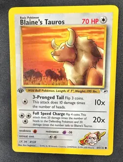 Pokemon 2000 Gym Heroes 1st Edition BLAINE'S TAUROS 64/132 NM - never played - Image 1