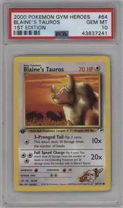 2000 Pokemon Gym Heroes Blaine's Tauros 1st Edition #64 PSA 10 - Image 1