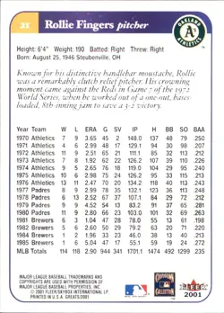 2001 Fleer/Skybox Greats of the Game #21 Rollie Fingers OAKLAND ATHLETICS A's - Image 2