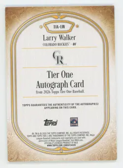 2026 Topps Tier One Autograph Blue Larry Walker Auto #1/49 READ - Image 2