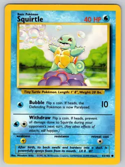 Squirtle 63/102 Common Base Set Unlimited Pokemon Near Mint - Image 1