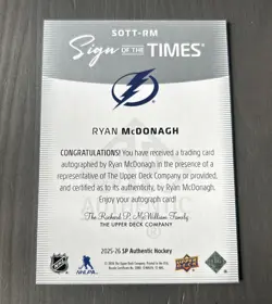 2025-26 UD SP Authentic Sign of the Times Ryan Mcdonagh Auto #SOTT-RM Lightning - Image 2