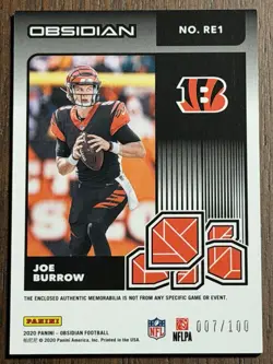 2020 Panini Obsidian Joe Burrow Rookie Eruption RC Patch Silver Holo Prizm /100 - Image 2