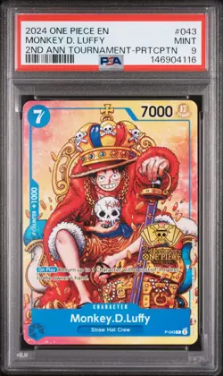 PSA 9 2024 ONE PIECE PROMOS 043 MONKEY D. LUFFY 2ND ANNIVERSARY TOURNAMENT - Image 1
