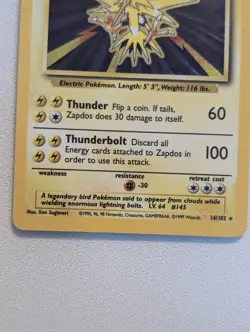 Pokemon Card Unlimited Edition Holo Rare Base Set 1999 Zapdos 16/102 PL - Image 4