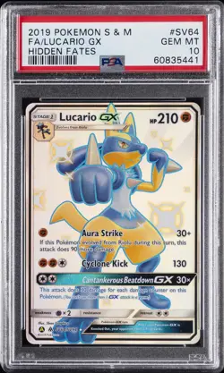 2019 POKEMON SUN & MOON HIDDEN FATES #SV64 FULL ART/LUCARIO GX PSA 10 - Image 1