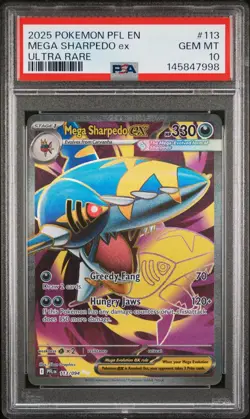 2025 Pokemon MEGA SHARPEDO EX #113/094 Phantasmal Flames Ultra Rare PSA 10 - Image 1