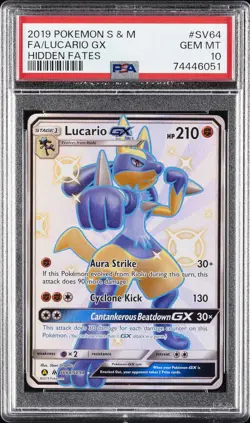 2019 POKEMON SUN & MOON HIDDEN FATES #SV64 FULL ART/LUCARIO GX PSA 10 - Image 1