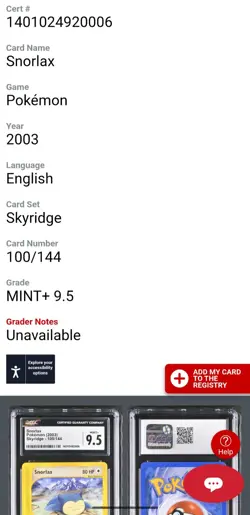 Skyridge Snorlax 100/144 2003 Pokemon TCG (GRADED CARD) CGC 9.5 - Image 3