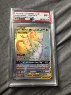 2019 POKEMON SUN & MOON UNIFIED MINDS SECRET #242 FULL ART/MEWTWO & MEW GX PSA 9 - Image 1