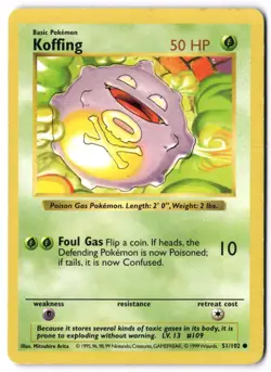 Pokemon Card - Koffing 51/102 Common - Base Set Shadowless - MP - Image 1