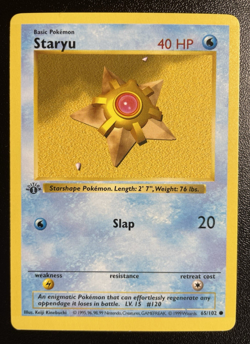 1st Edition Shadowless Staryu 65/102 Base Set Pokemon Card LP - Image 1