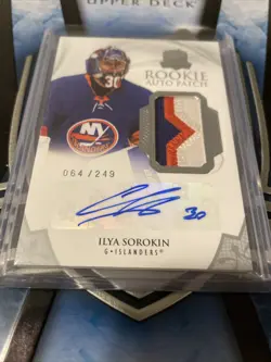 ILYA SOROKIN 2020-21 UPPER DECK THE CUP RPA RC PATCH AUTO SP 3 COLOR 064/249 NYI - Image 1