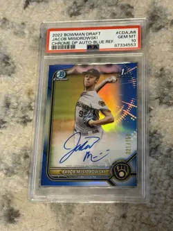 2022 Bowman Draft Jacob Misiorowski Chrome Auto Blue Refractor 1st #/150 PSA 10 - Image 1