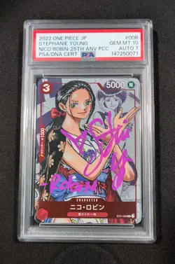 One Piece Japanese Holo Nico Robin ST01-008 PSA 10 GEM MT Stephanie Young AUTO 7 - Image 1