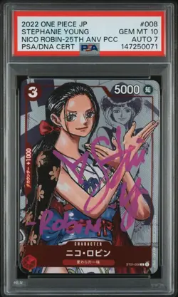 One Piece Japanese Holo Nico Robin ST01-008 PSA 10 GEM MT Stephanie Young AUTO 7 - Image 3