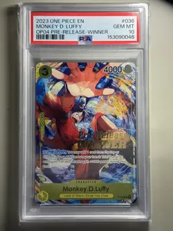 2023 One Piece EN OP04 Pre-release Winner #036 Monkey D. Luffy PSA 10 GEM MINT - Image 1
