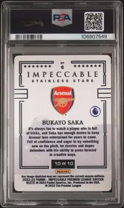 2022-23 Panini Impeccable Bukayo Saka Stainless Stars Gold /10 Psa 10 Pop 1 - Image 2