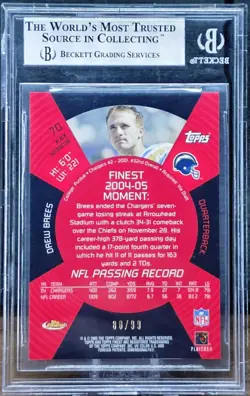 DREW BREES 2005 TOPPS FINEST BLACK REFRACTOR CHARGERS #70 /99 BGS 9 - Image 2
