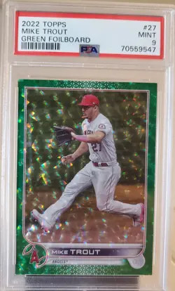 2022 Topps Green Foil MIKE TROUT Holo Refractor Card #27 PSA 9 ANGELS #/499 SP - Image 1